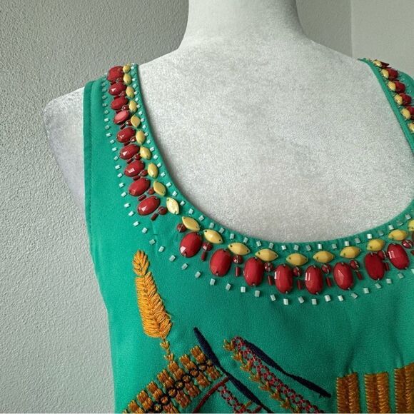 THML Green Shift Dress Beaded Embroidered Sleeveless Lined Size Small - Picture 3 of 13